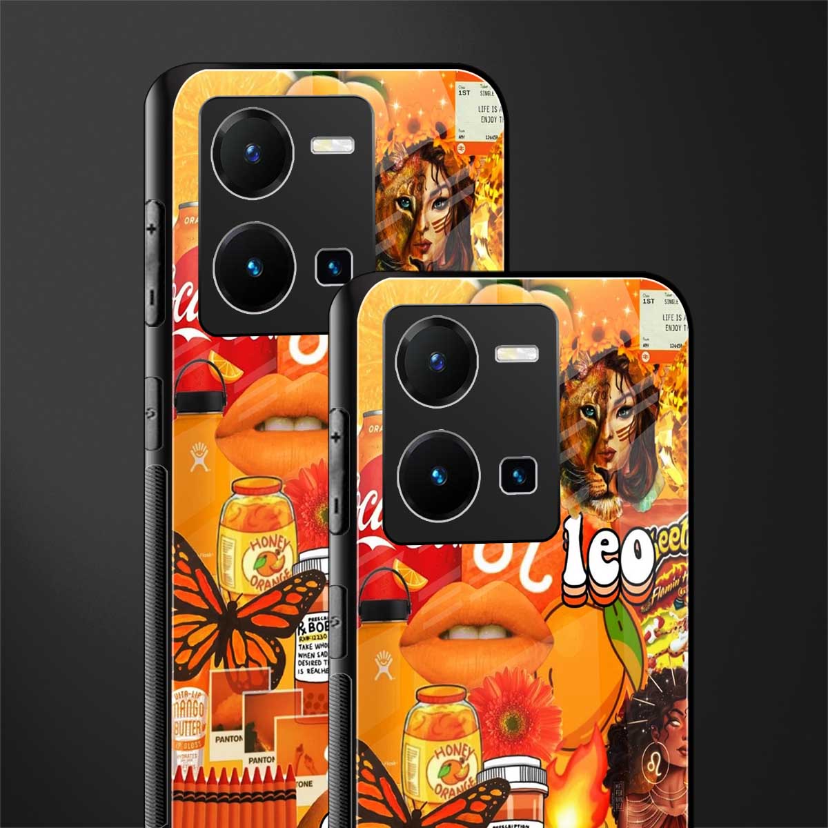 leo aesthetic collage back phone cover | glass case for vivo y35 4g