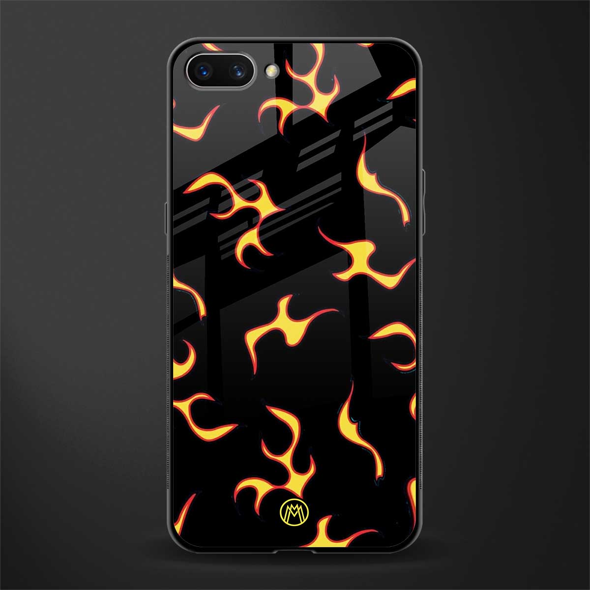 lil flames on black glass case for oppo a3s image