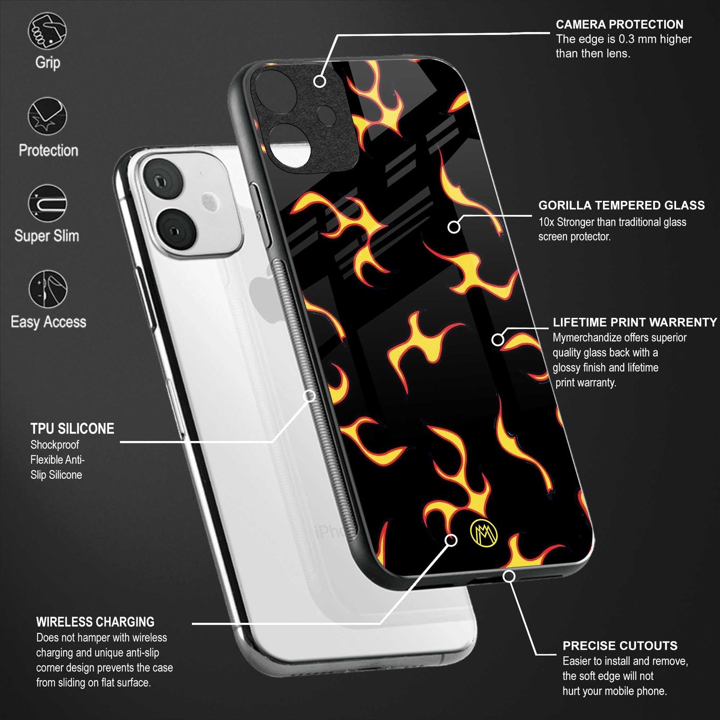 lil flames on black back phone cover | glass case for vivo y22