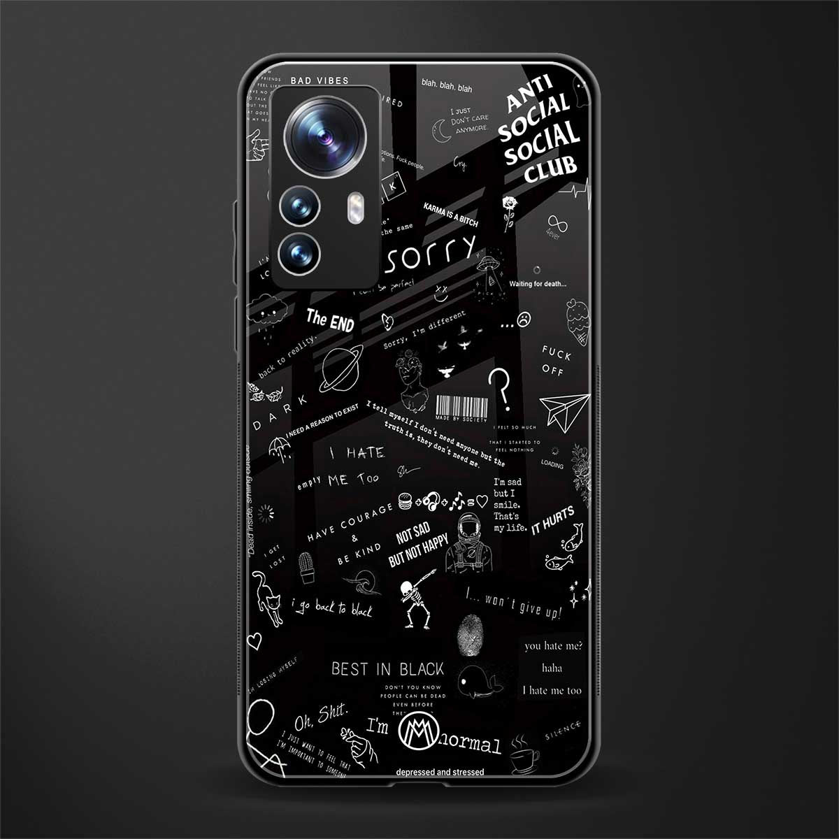 minimalistic black aesthetic collage back phone cover | glass case for xiaomi 12 pro