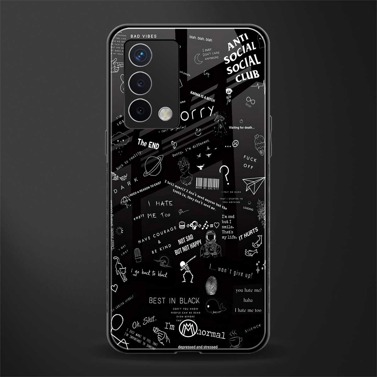 minimalistic black aesthetic collage back phone cover | glass case for oppo a74 4g
