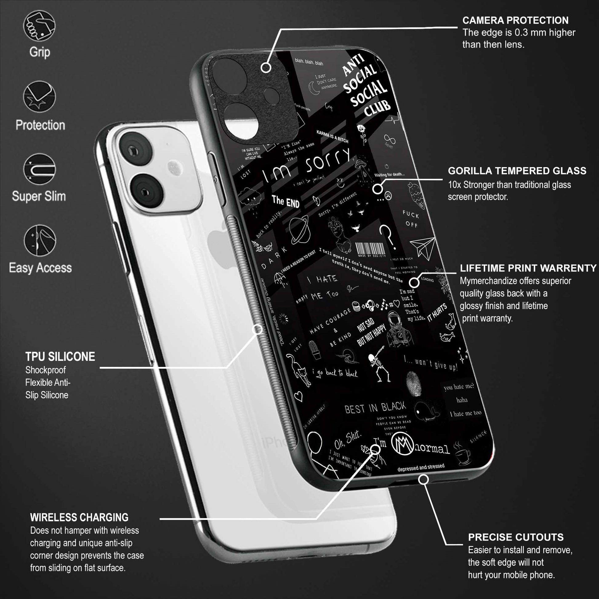 minimalistic black aesthetic collage back phone cover | glass case for vivo t1 44w 4g