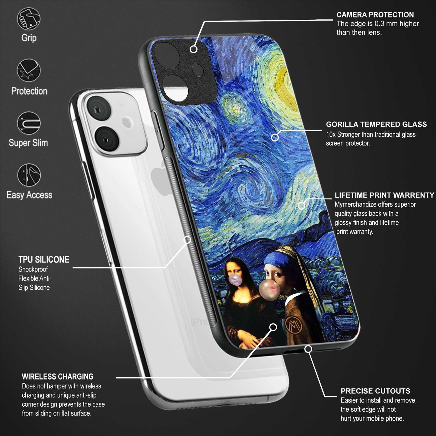 mona lisa starry night back phone cover | glass case for vivo y16