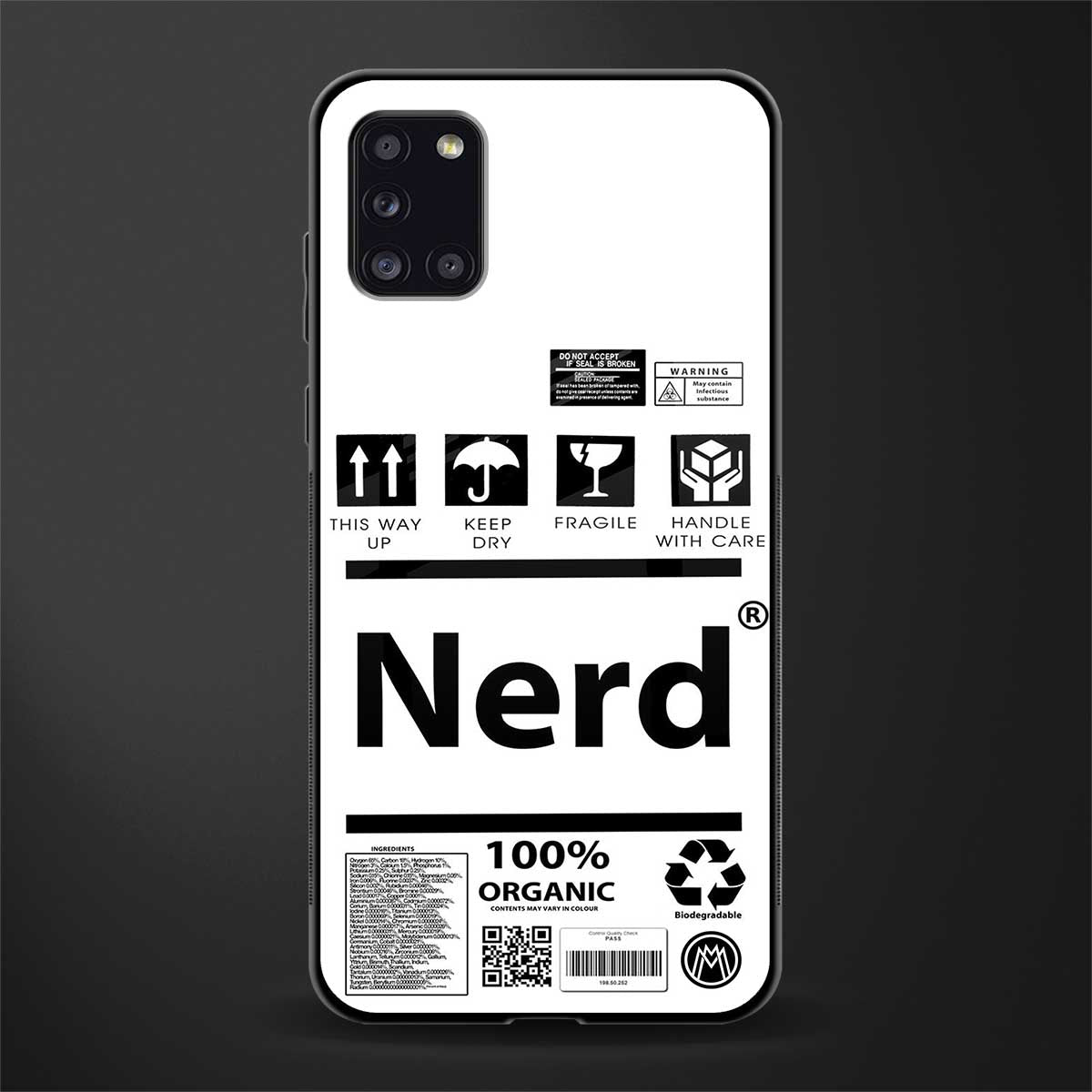 nerd white label glass case for samsung galaxy a31 image
