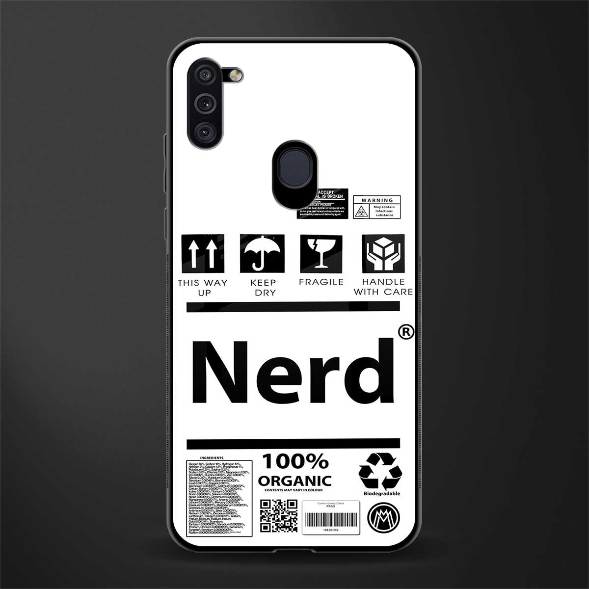 nerd white label glass case for samsung galaxy m11 image