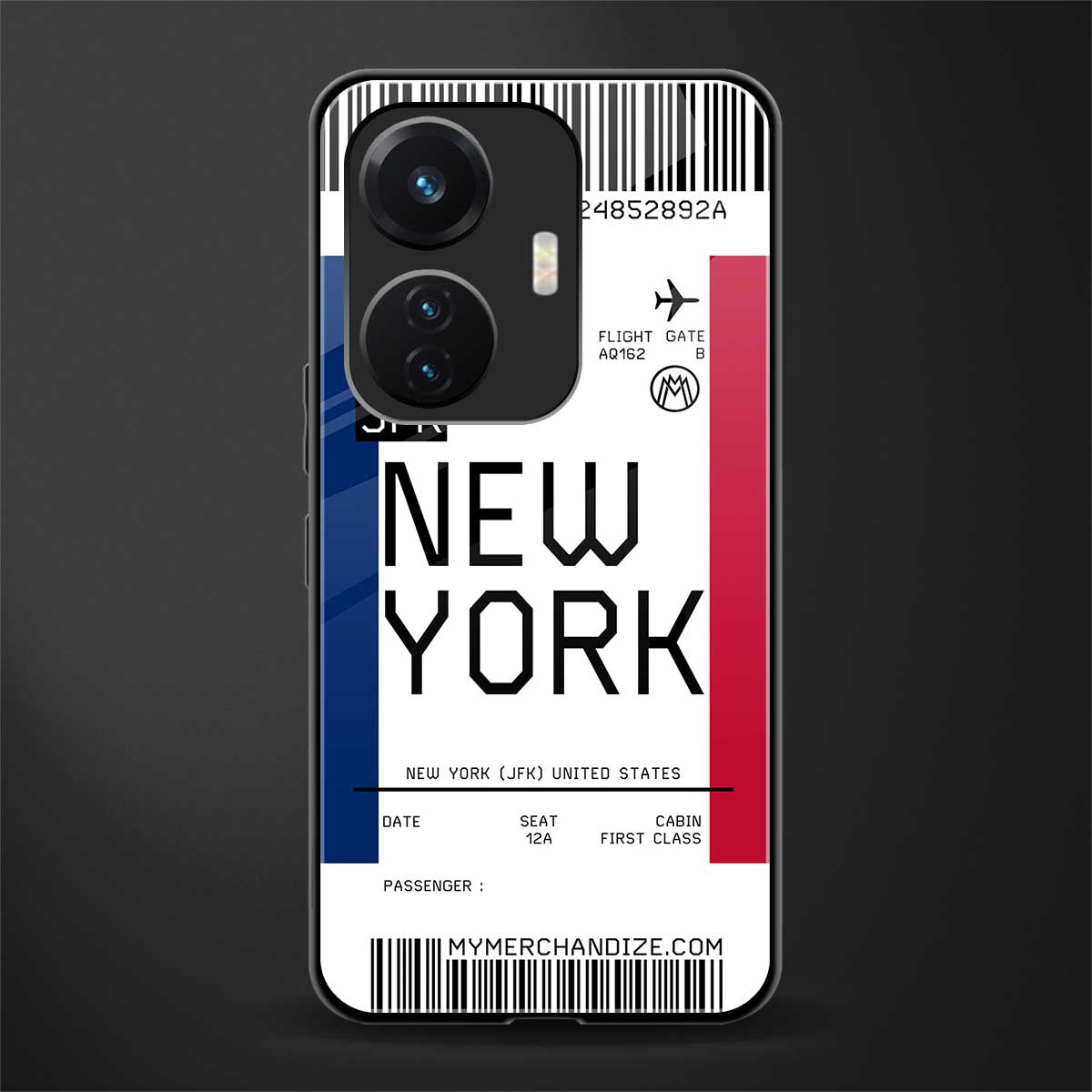 new york boarding pass back phone cover | glass case for vivo t1 44w 4g