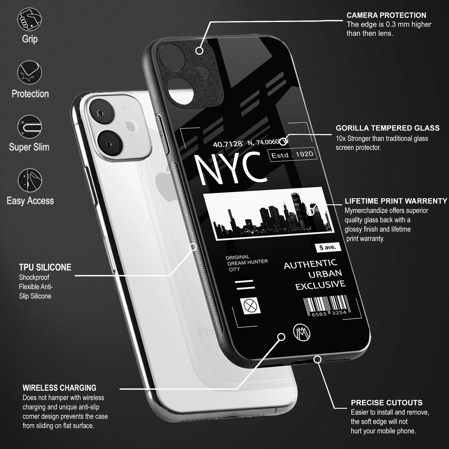 nyc back phone cover | glass case for vivo v25-5g