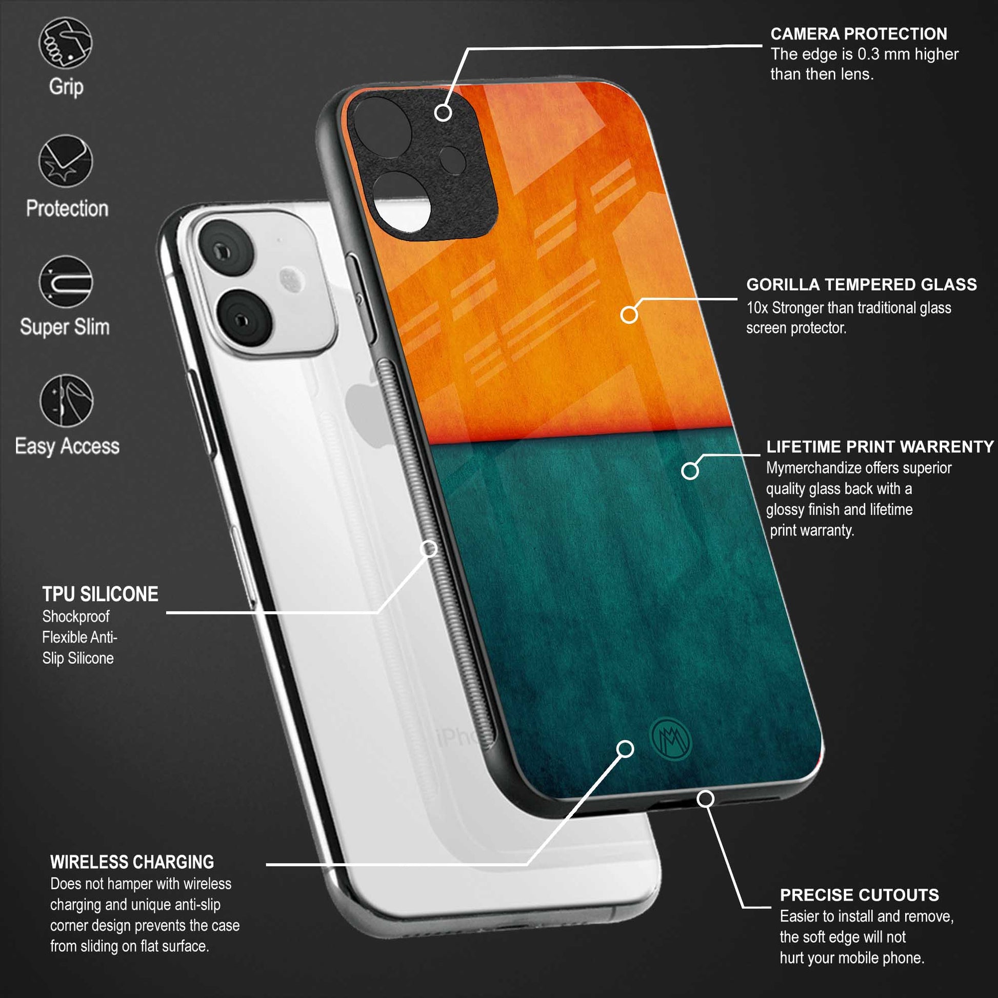 orange green back phone cover | glass case for vivo y22