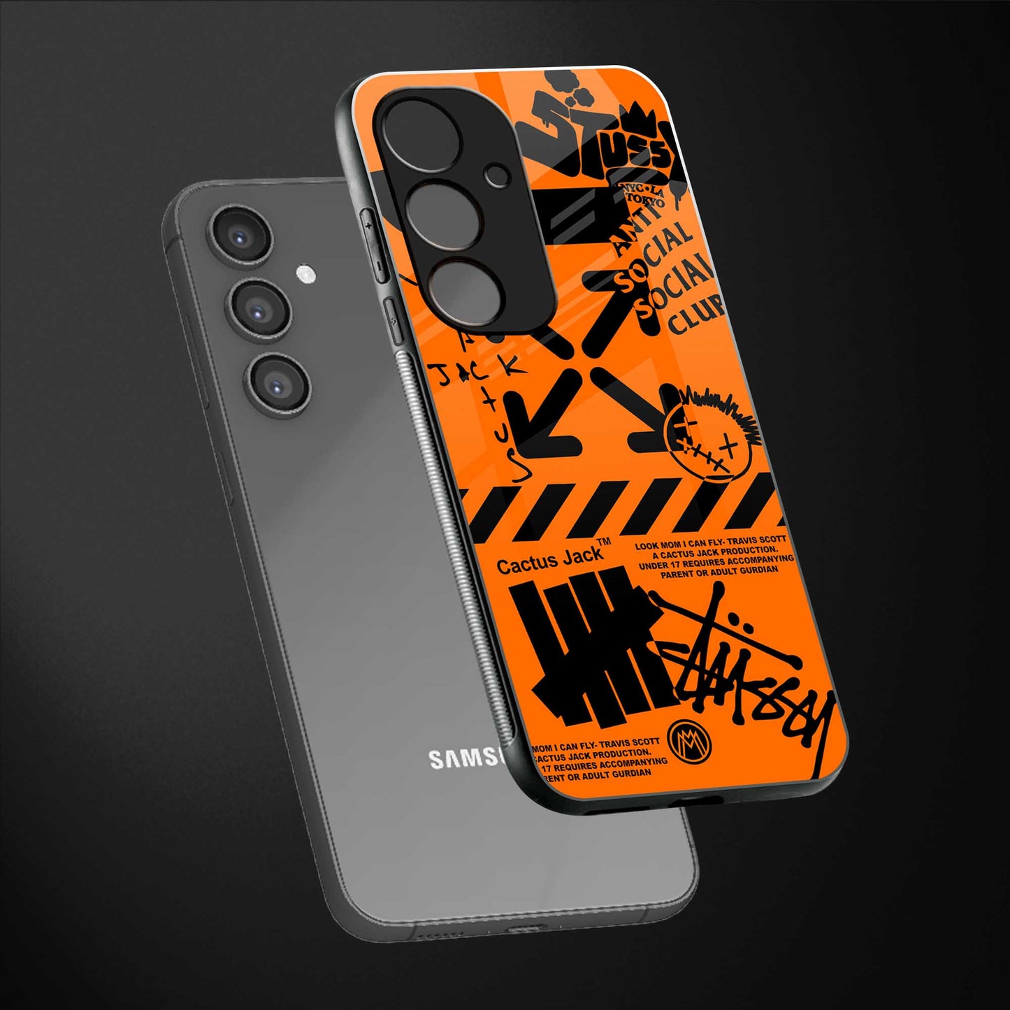 orange travis scott x anti social social club back phone cover | glass case for samsung galaxy s23 fe 5g