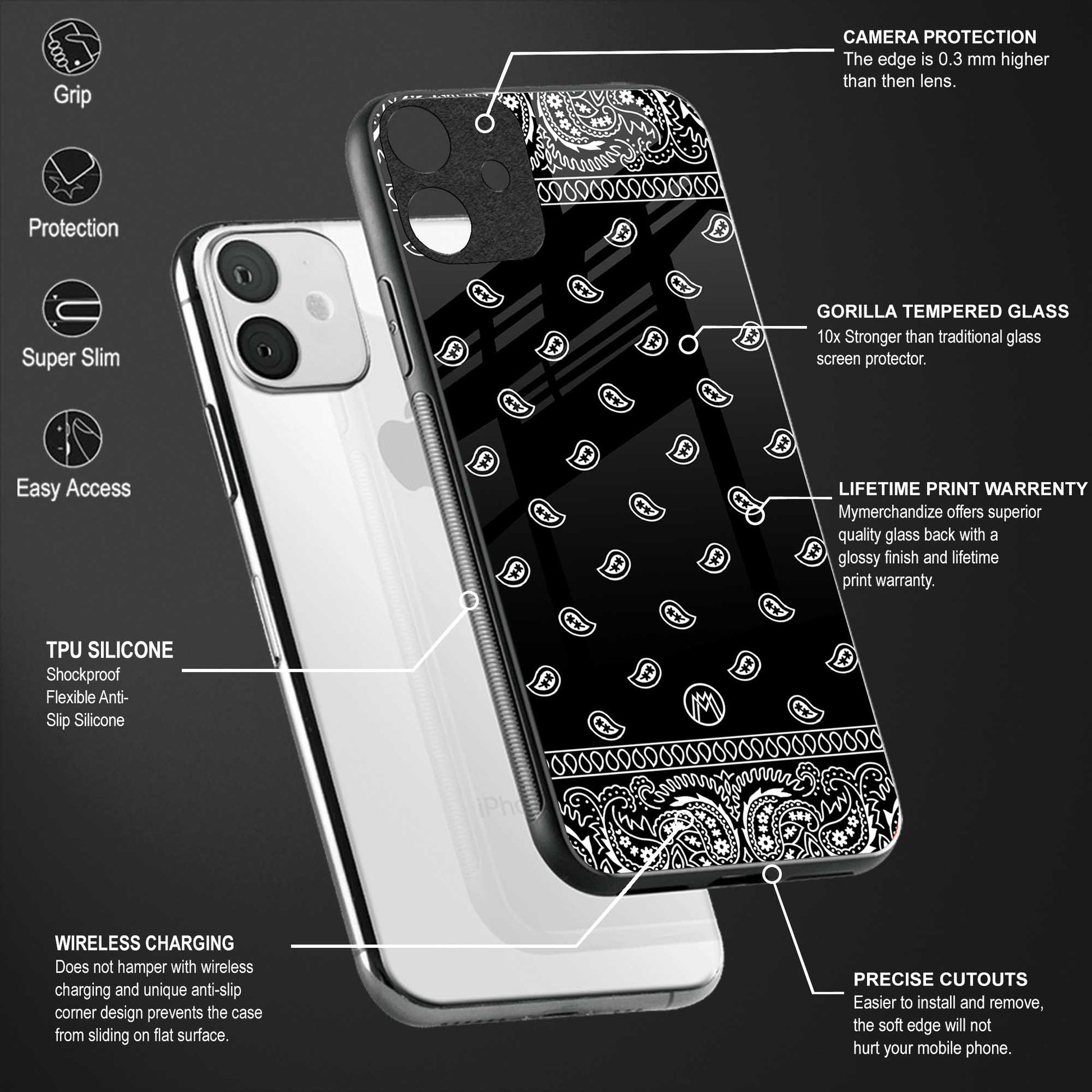 paisley black back phone cover | glass case for realme c55