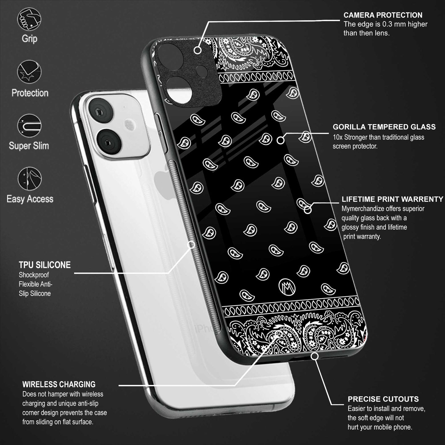 paisley black back phone cover | glass case for vivo y35 4g