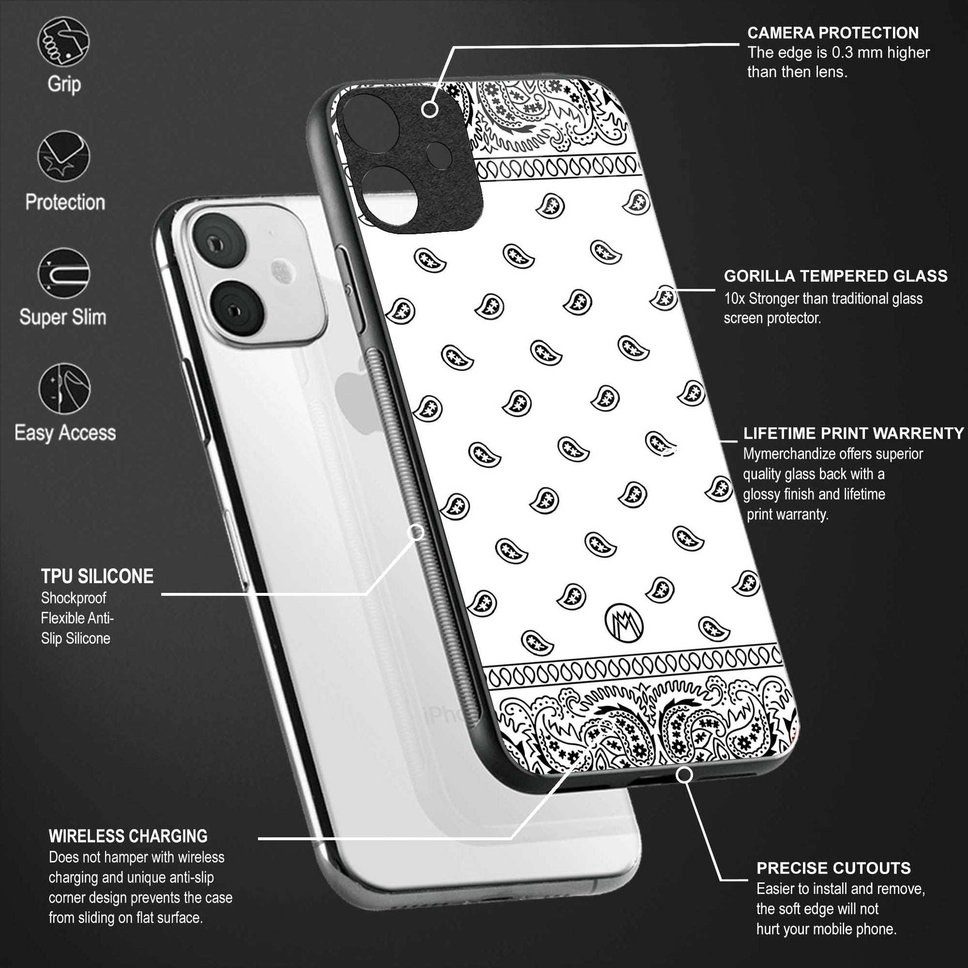 paisley white back phone cover | glass case for vivo v25-5g