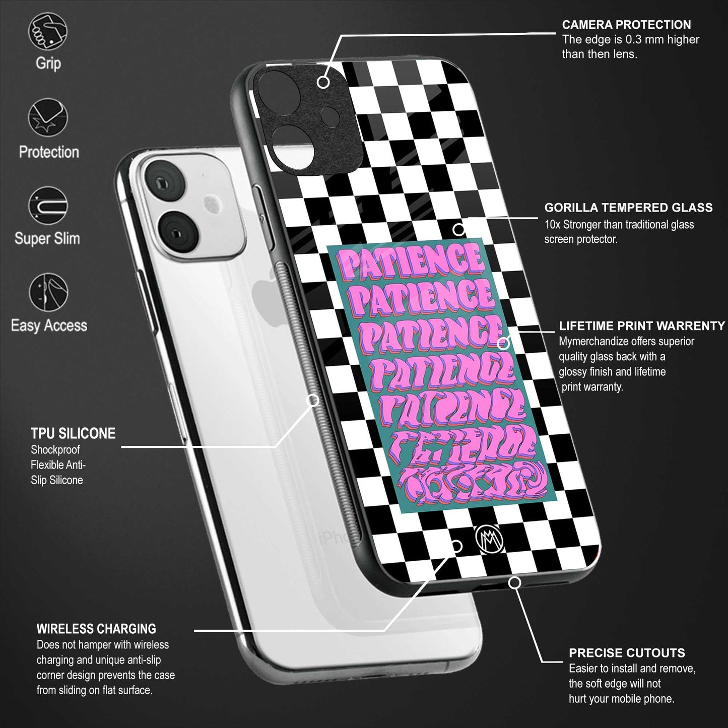 patience checkered back phone cover | glass case for realme 11 pro 5g