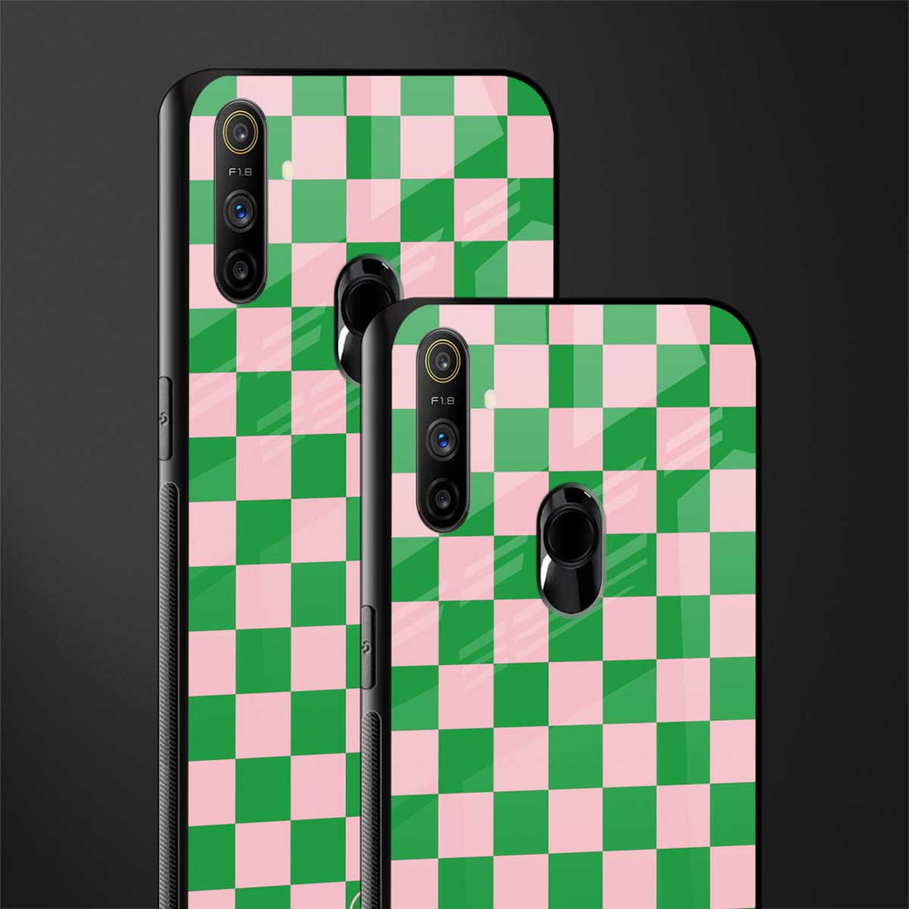 pink & green check pattern glass case for realme narzo 10a image-2