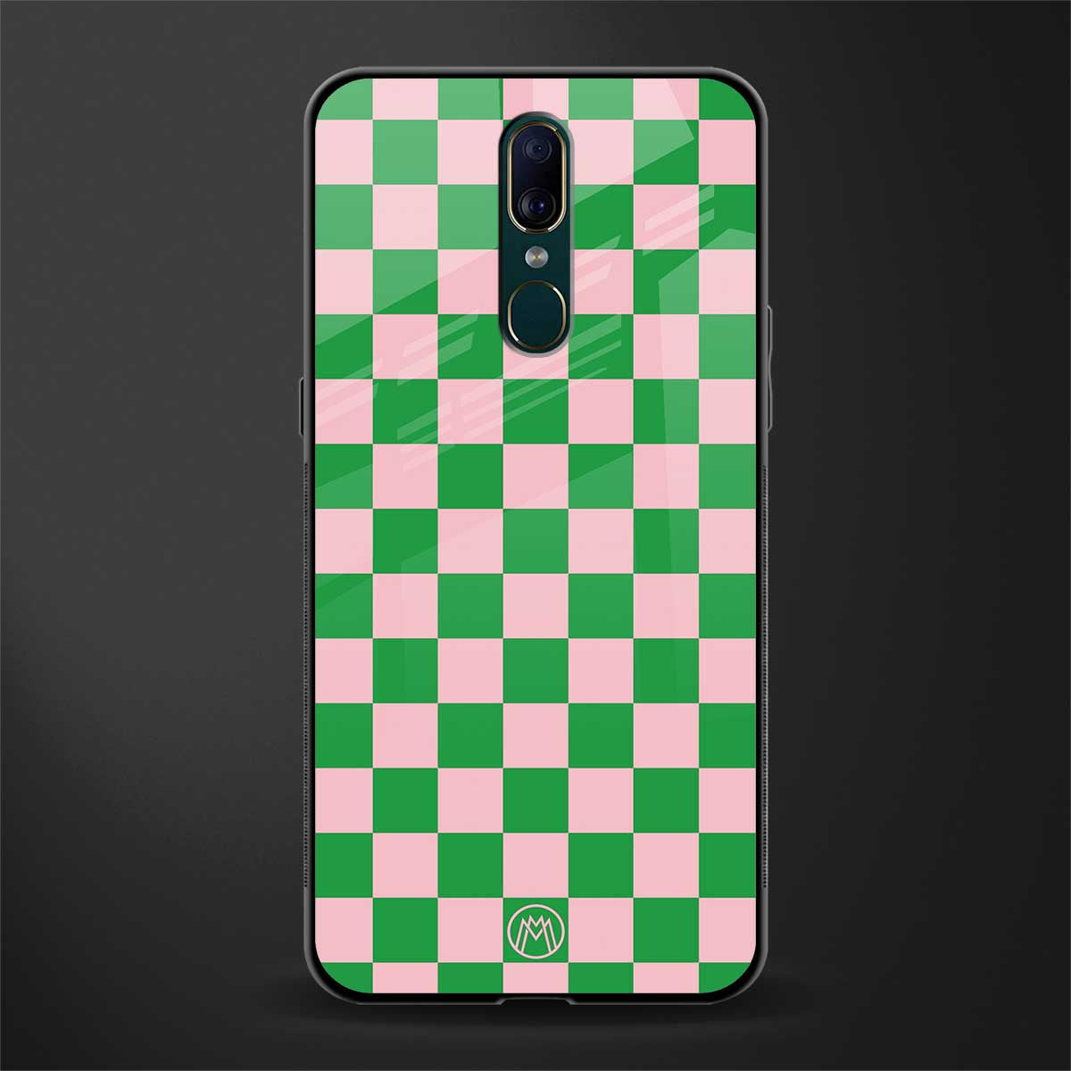 pink & green check pattern glass case for oppo a9 image