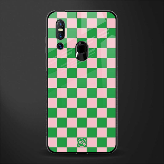 pink & green check pattern glass case for vivo v15 image