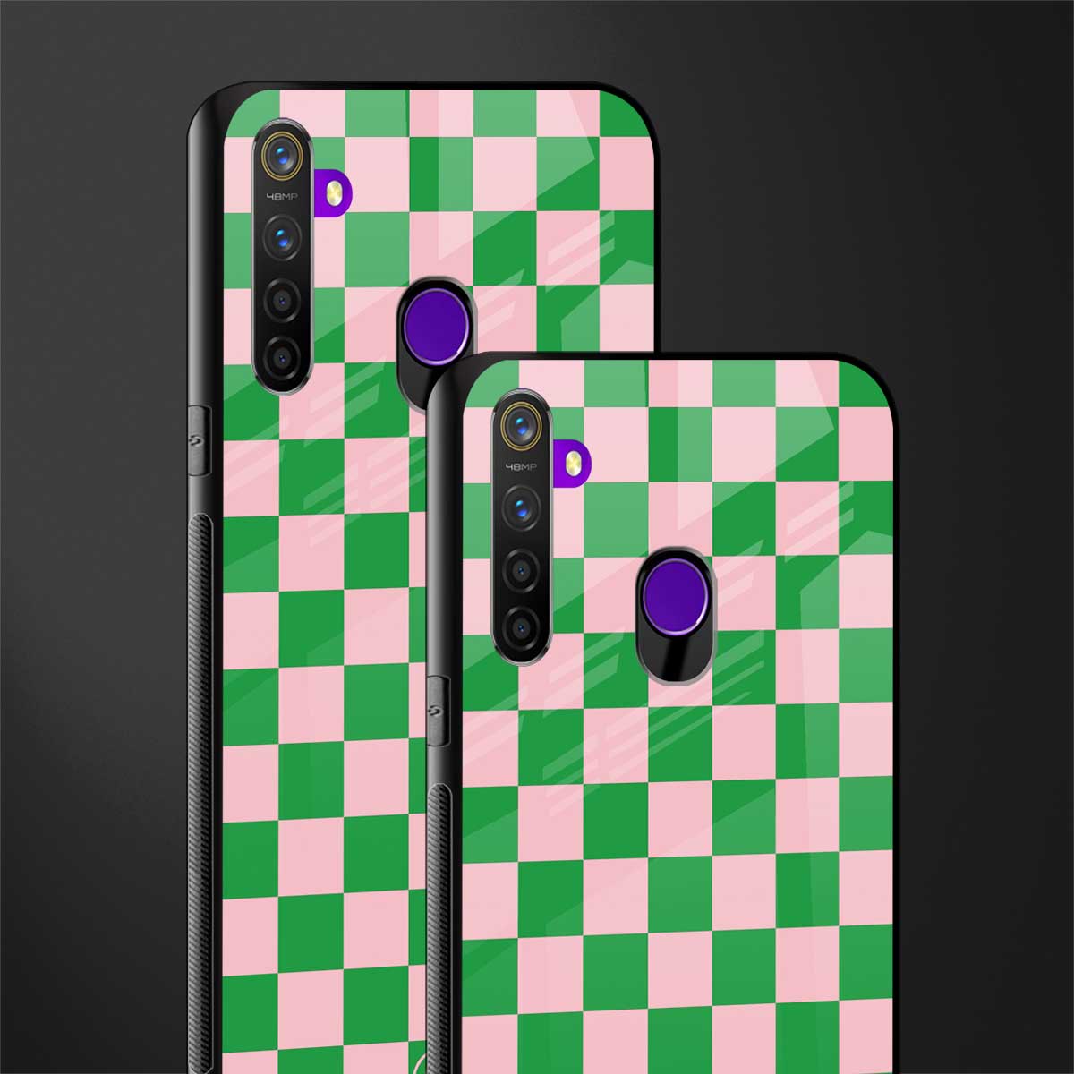 pink & green check pattern glass case for realme 5i image-2