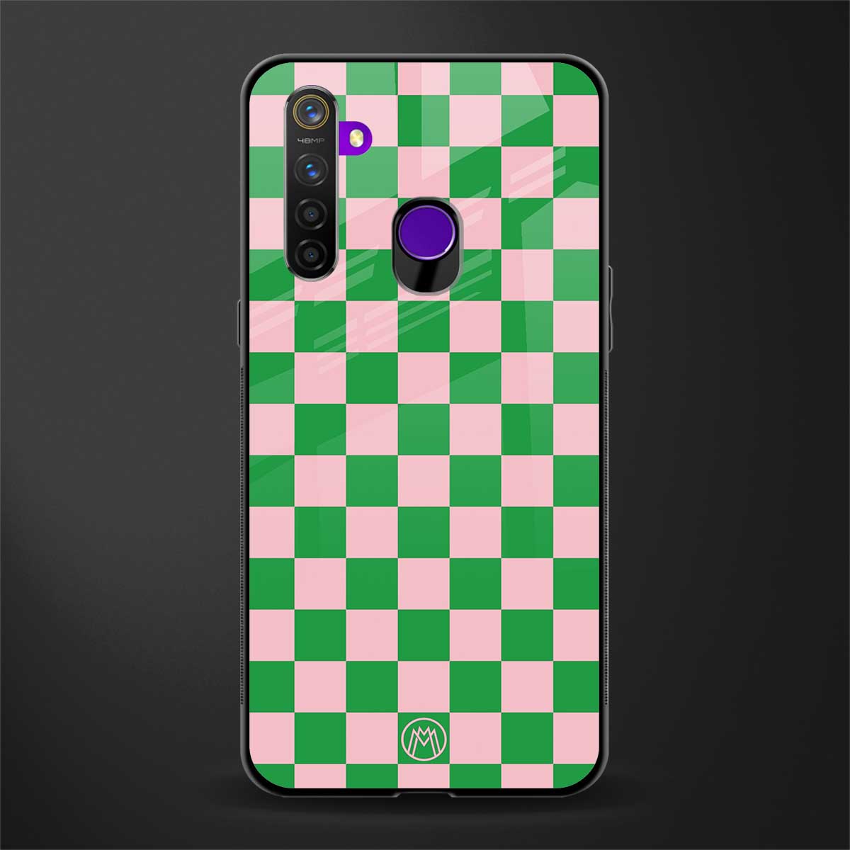 pink & green check pattern glass case for realme 5 pro image