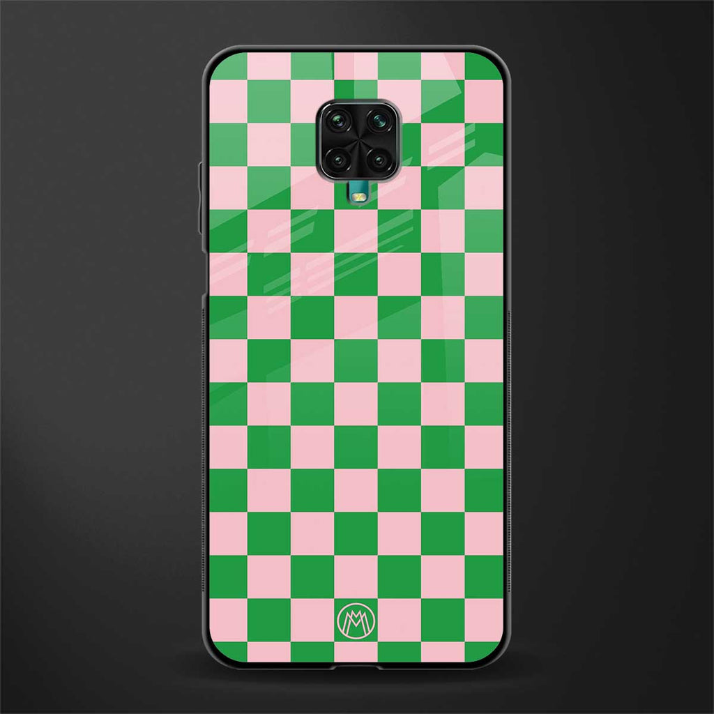 pink & green check pattern glass case for redmi note 9 pro image