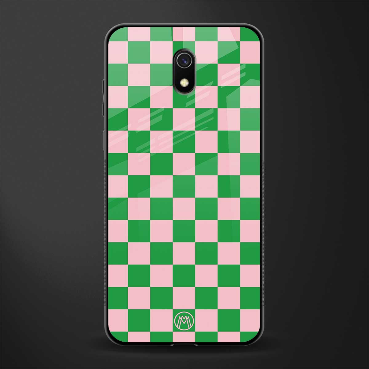 pink & green check pattern glass case for redmi 8a image