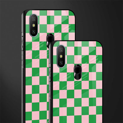 pink & green check pattern glass case for redmi 6 pro image-2