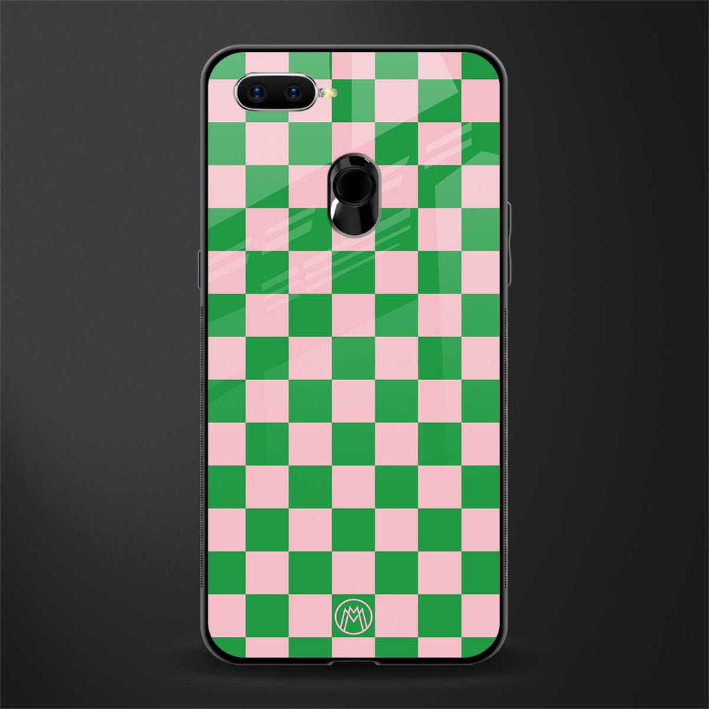 pink & green check pattern glass case for oppo a12 image