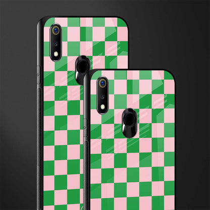 pink & green check pattern glass case for realme 3 pro image-2