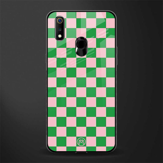 pink & green check pattern glass case for realme 3 pro image