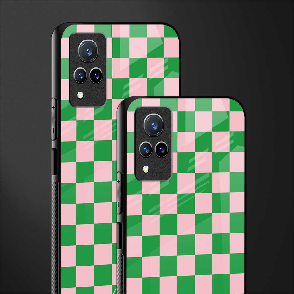 pink & green check pattern glass case for vivo v21 5g image-2