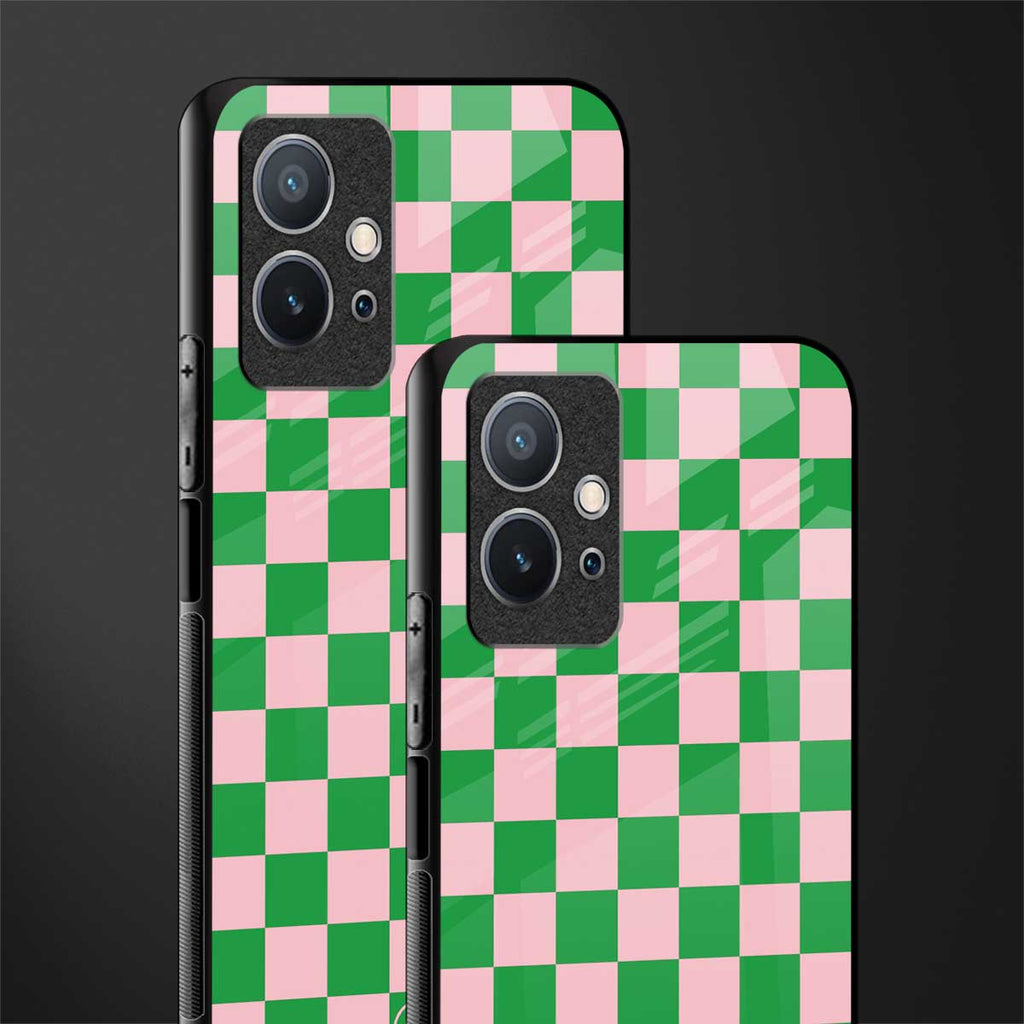 pink & green check pattern glass case for vivo t1 5g image-2