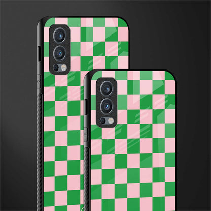 pink & green check pattern glass case for oneplus nord 2 5g image-2