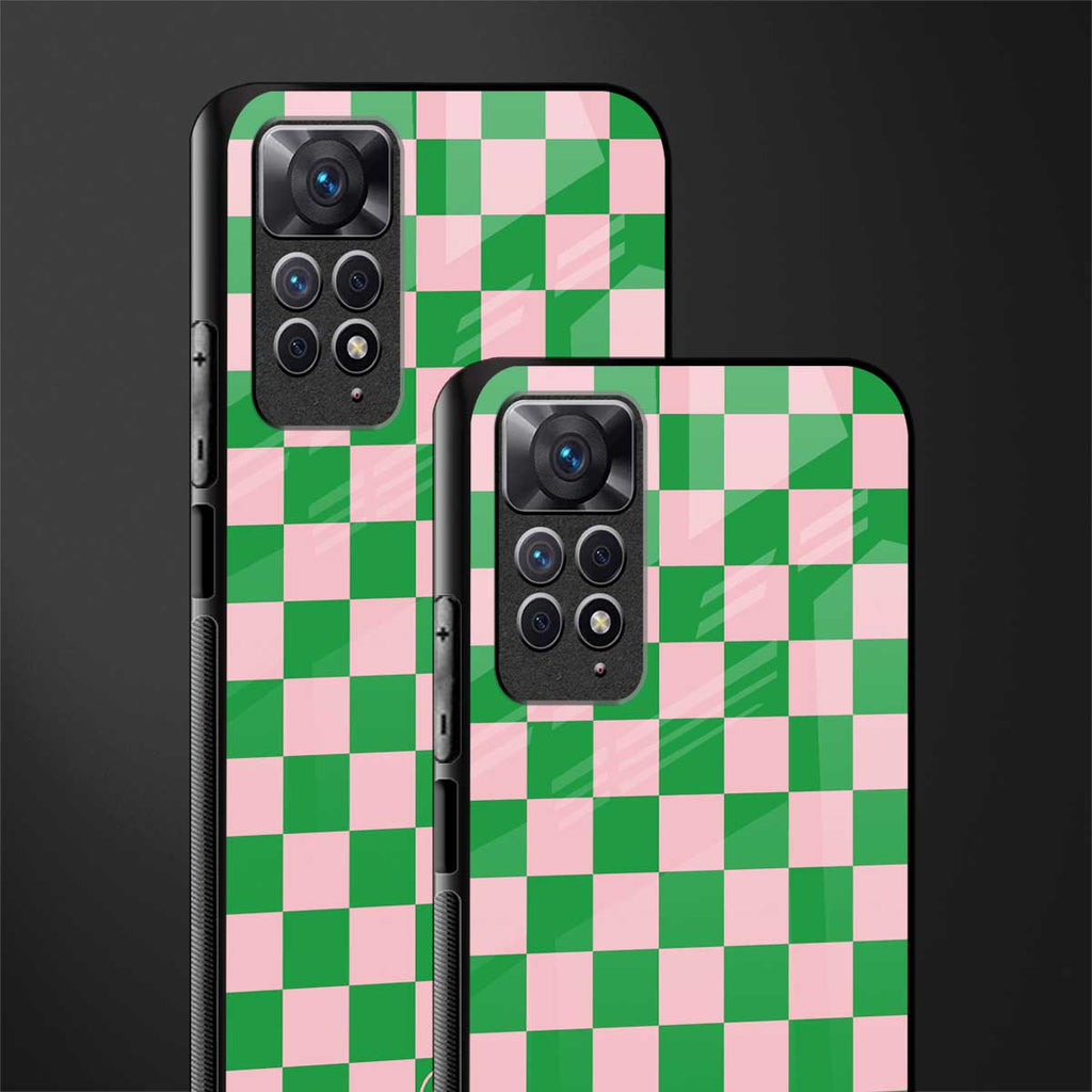 pink & green check pattern glass case for redmi note 11 image-2