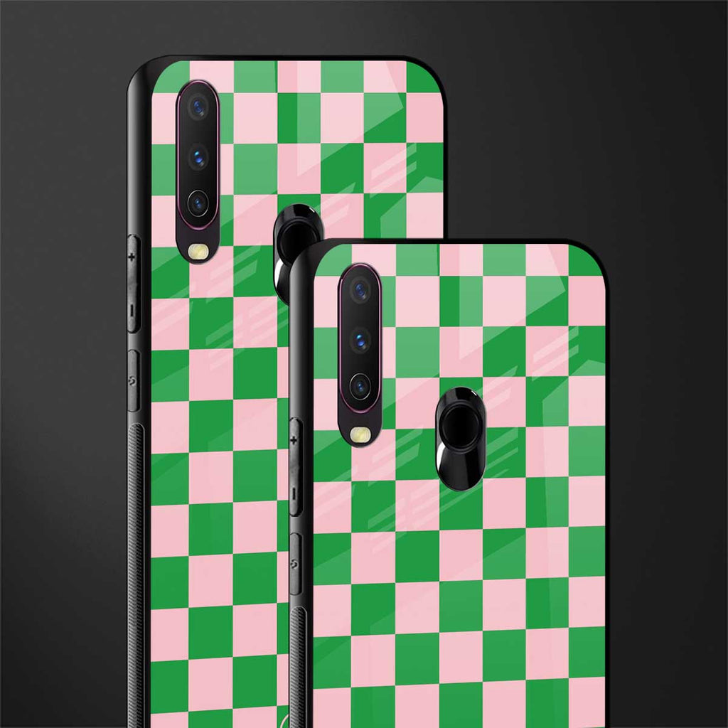 pink & green check pattern glass case for vivo y12 image-2