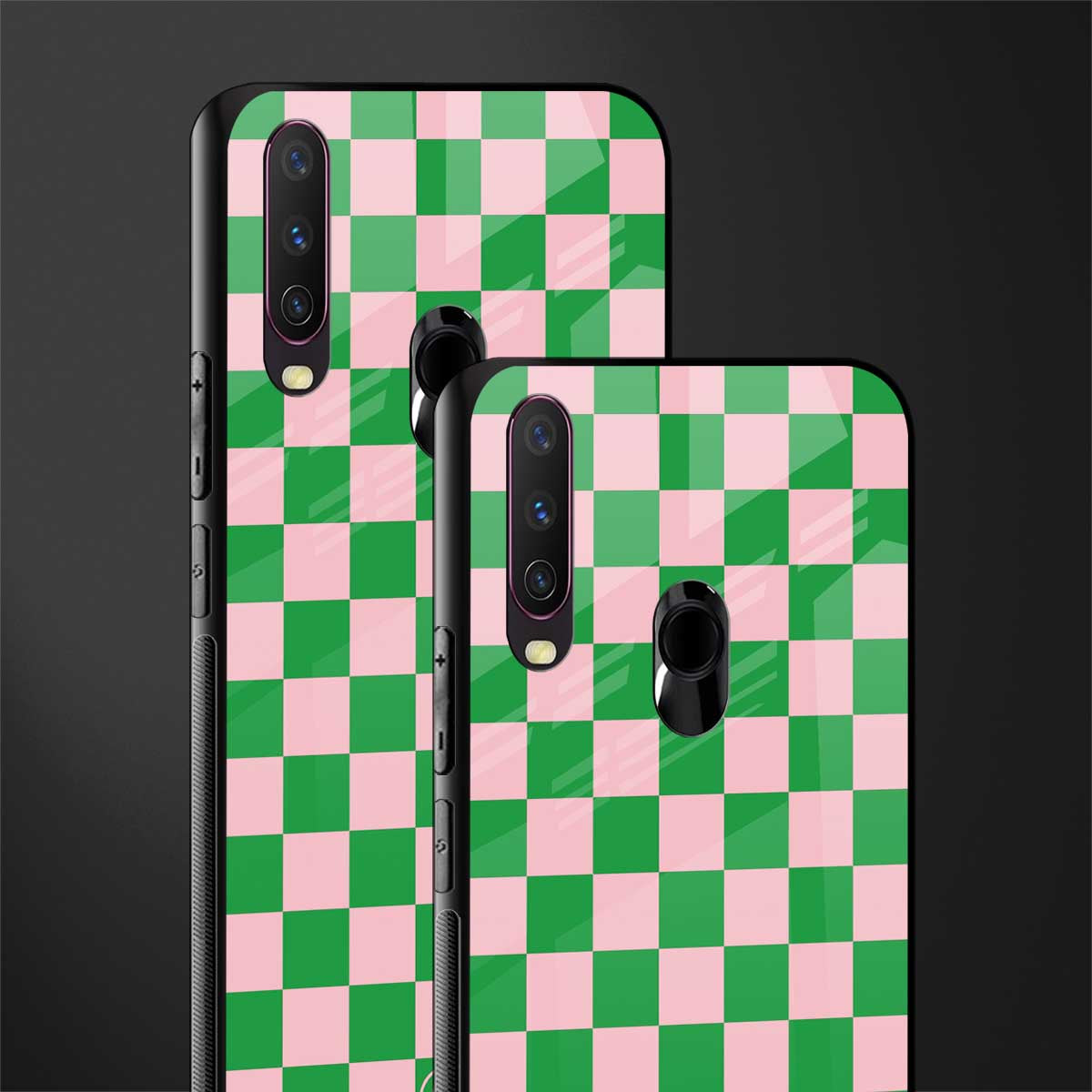 pink & green check pattern glass case for vivo y12 image-2