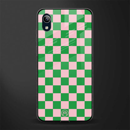 pink & green check pattern glass case for vivo y1s without fingerprint image