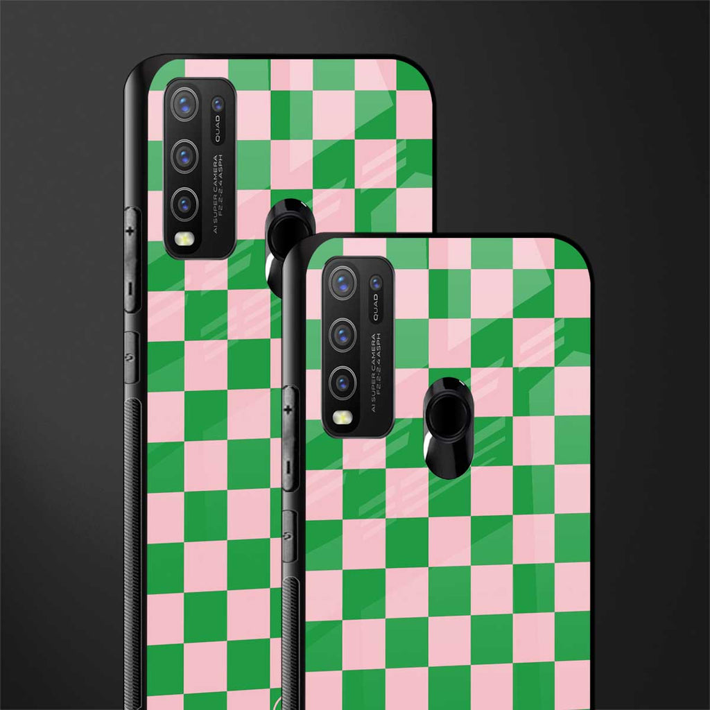 pink & green check pattern glass case for vivo y50 image-2
