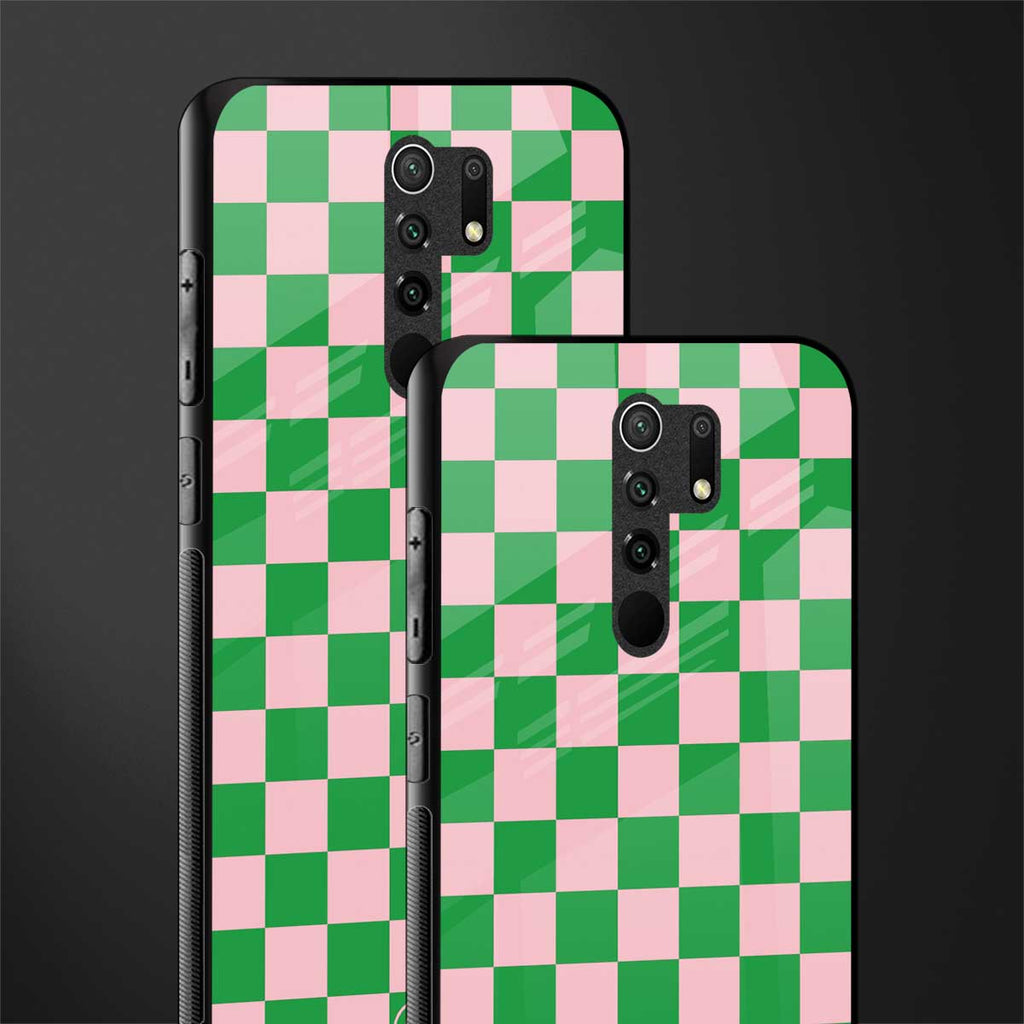 pink & green check pattern glass case for redmi 9 prime image-2