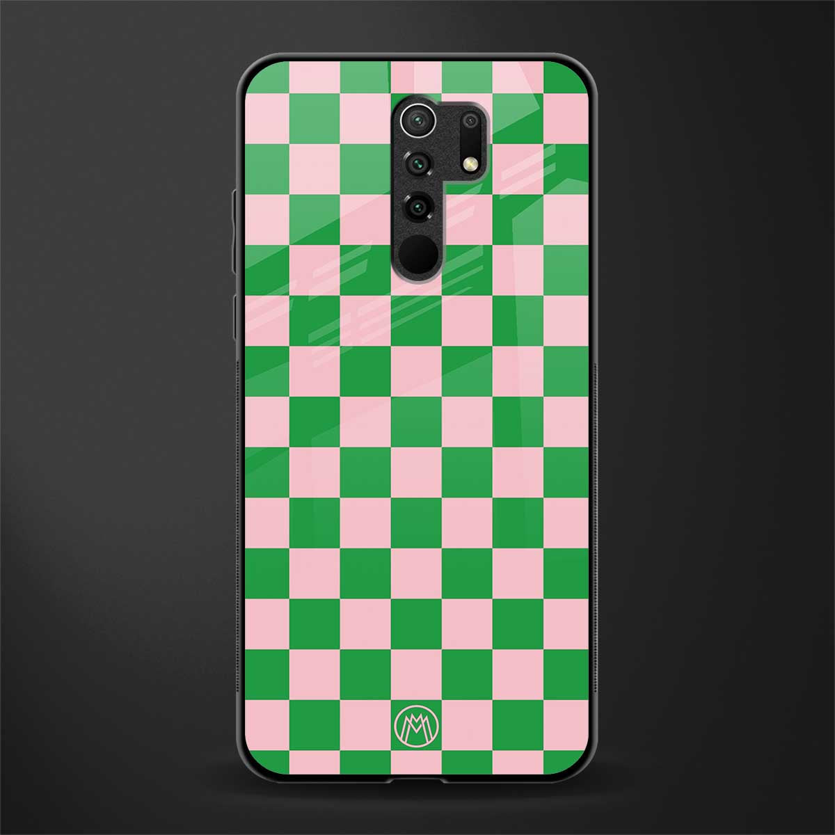 pink & green check pattern glass case for redmi 9 prime image
