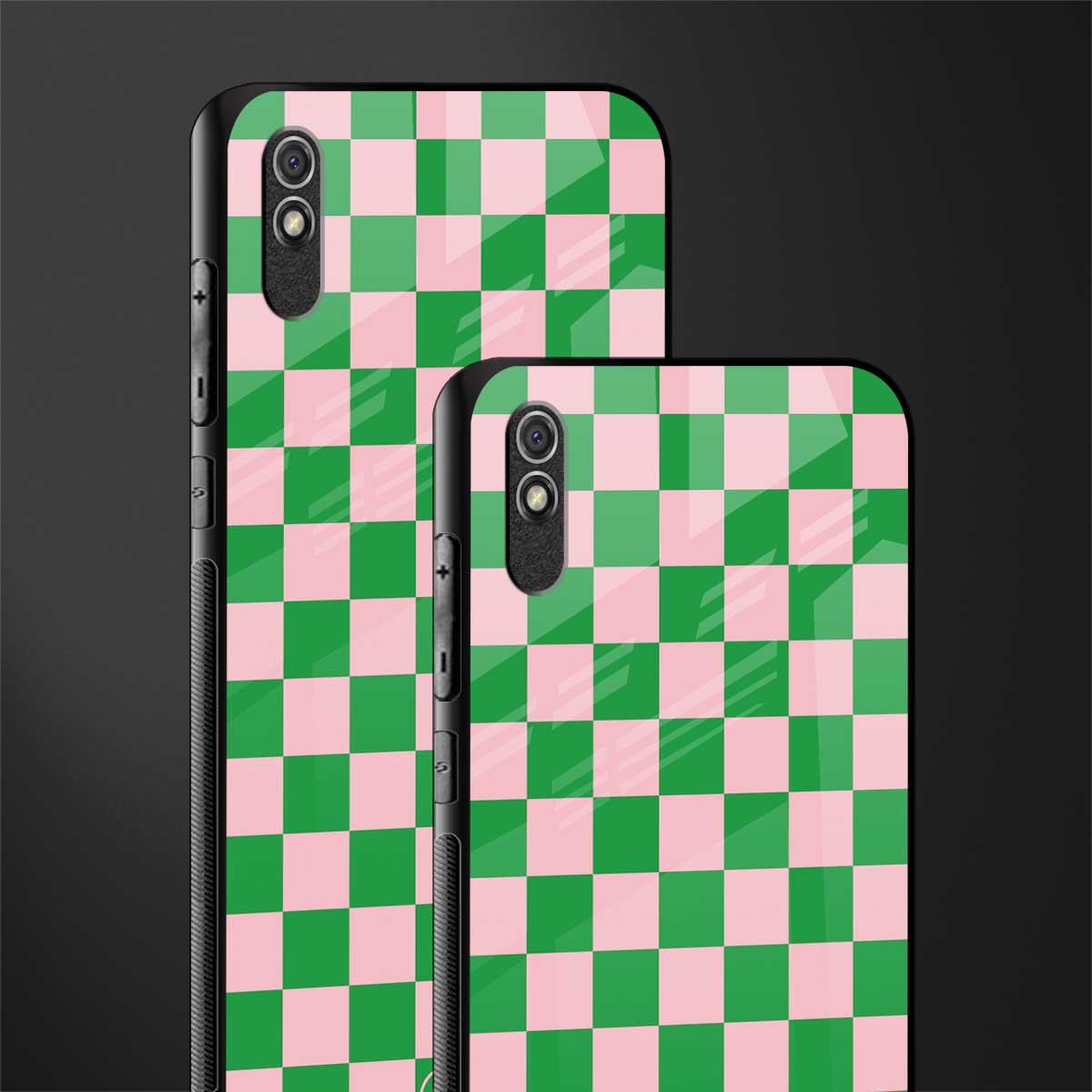 pink & green check pattern glass case for redmi 9i image-2