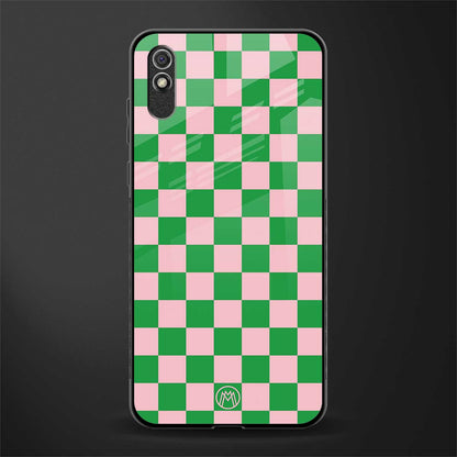pink & green check pattern glass case for redmi 9i image