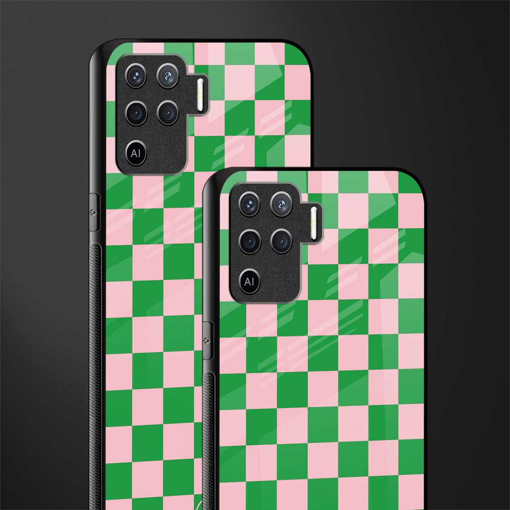 pink & green check pattern glass case for oppo f19 pro image-2