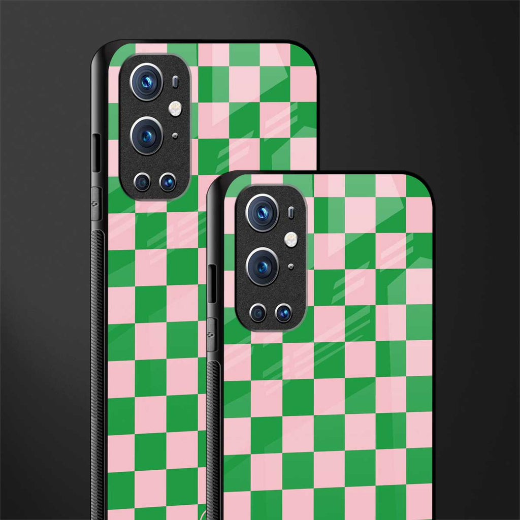 pink & green check pattern glass case for oneplus 9 pro image-2