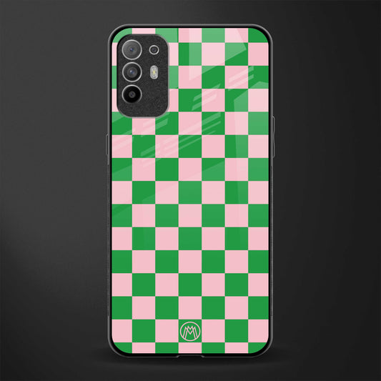 pink & green check pattern glass case for oppo f19 pro plus image
