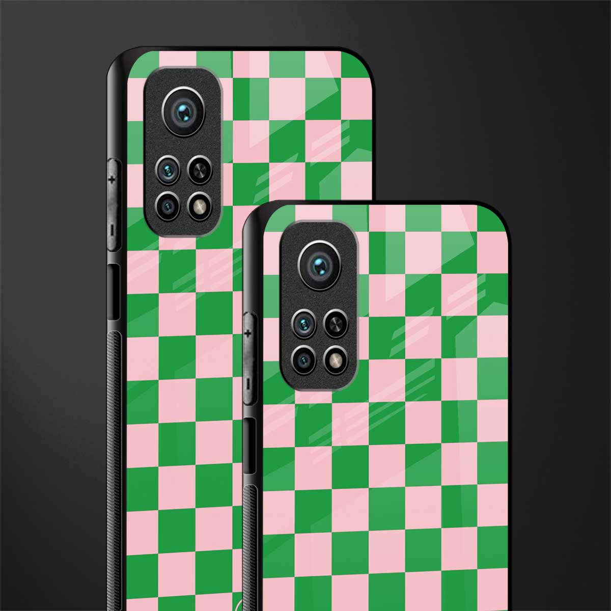 pink & green check pattern glass case for mi 10t 5g image-2