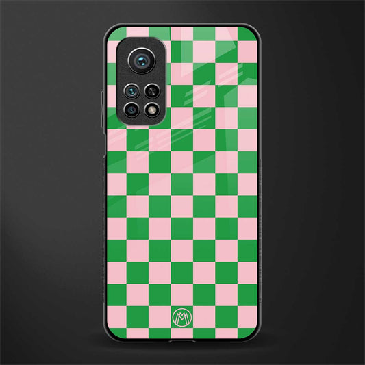 pink & green check pattern glass case for mi 10t 5g image