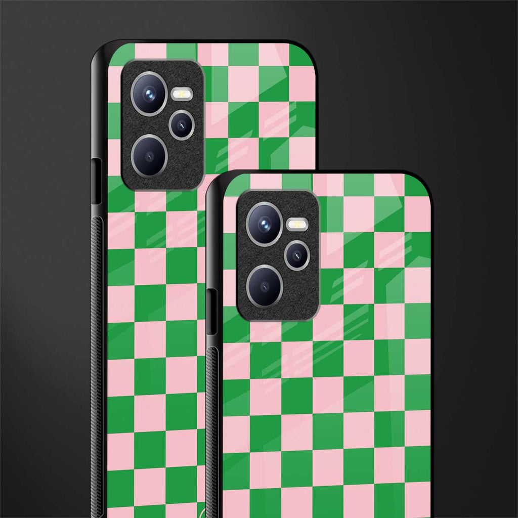pink & green check pattern glass case for realme c35 image-2