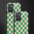 pink & green check pattern glass case for realme c35 image-2