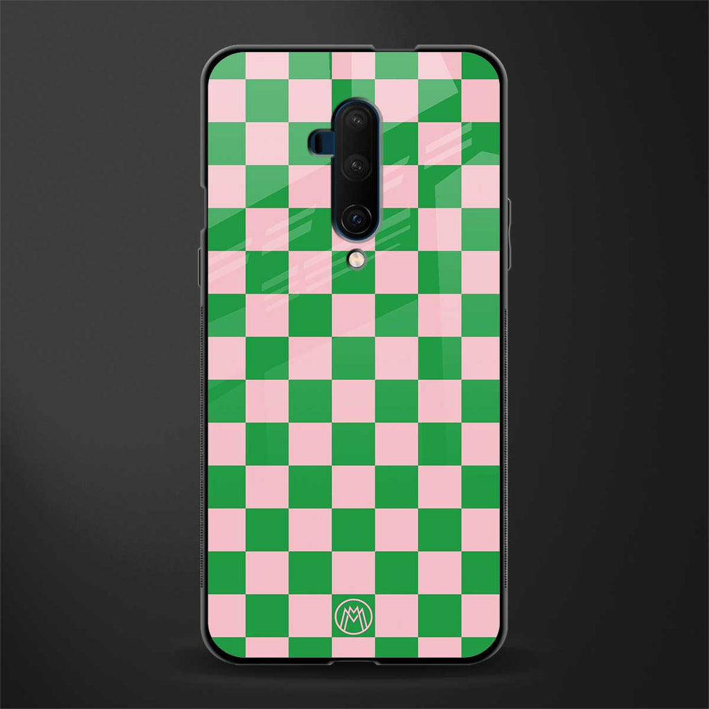 pink & green check pattern glass case for oneplus 7t pro image