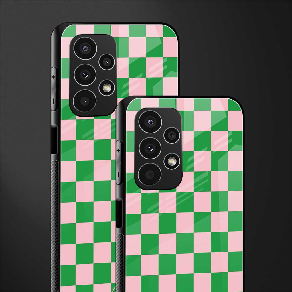 pink & green check pattern back phone cover | glass case for samsung galaxy a13 4g