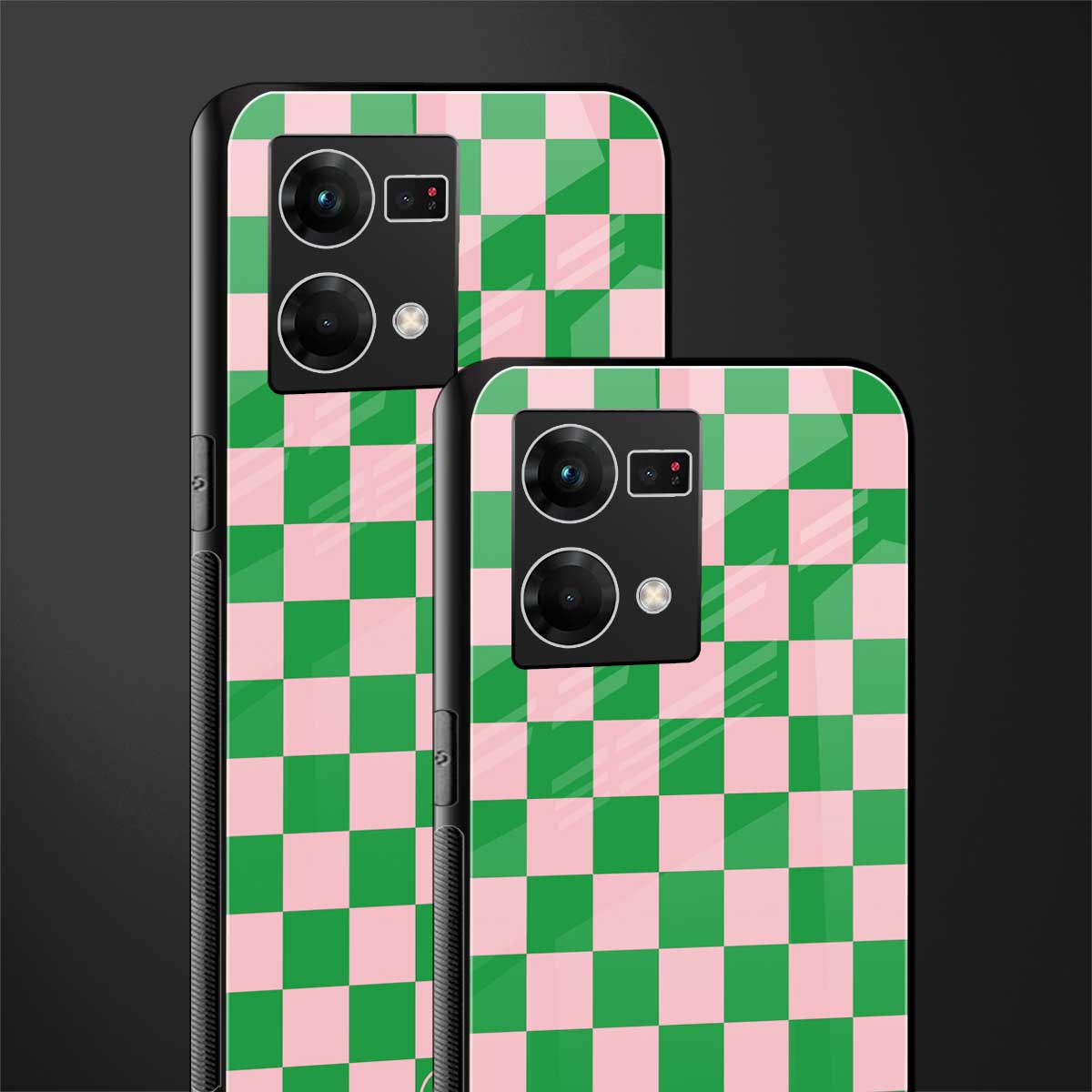 pink & green check pattern back phone cover | glass case for oppo f21 pro 4g
